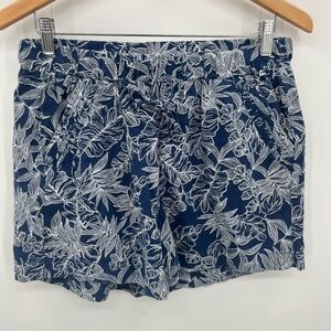 Briggs Blue White Linen Blend Tropical Fern Leaf Pull On Shorts